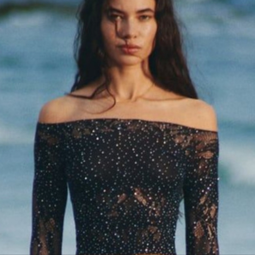 Zara Black Lace With Rhinestone Stretchy Mesh Top - Picture 2 of 2